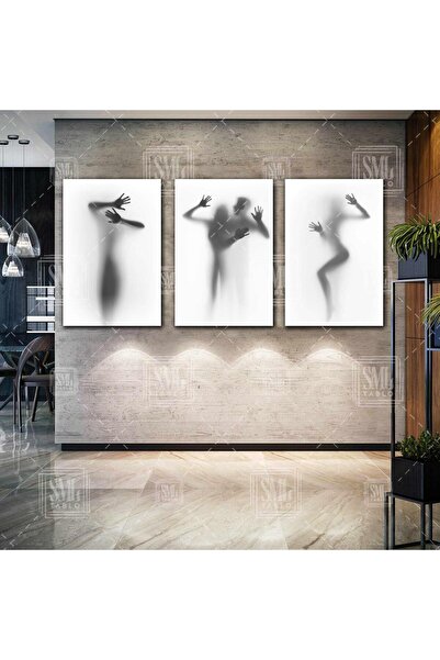 SML TABLO Perde Arkasındaki Nü Kadın Gölgesi Dekor Üçlü Kombin 3 lü Set Kanva...