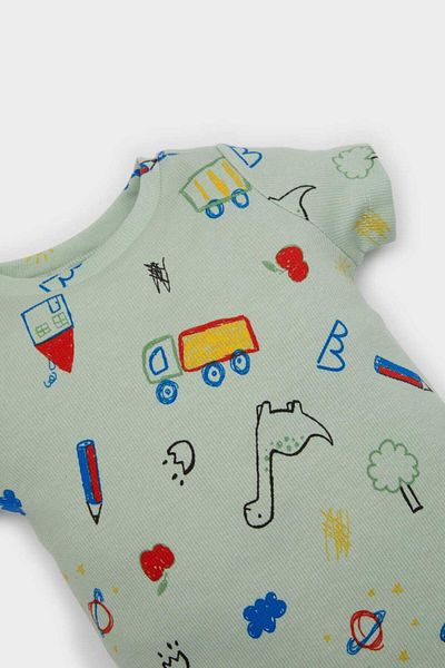 DeFacto Baby Boy Set of 2 Dinosaur Printed Short Sleeve Ribbed Camisole Snap Fastener Body Shorts with Elastic Waist E