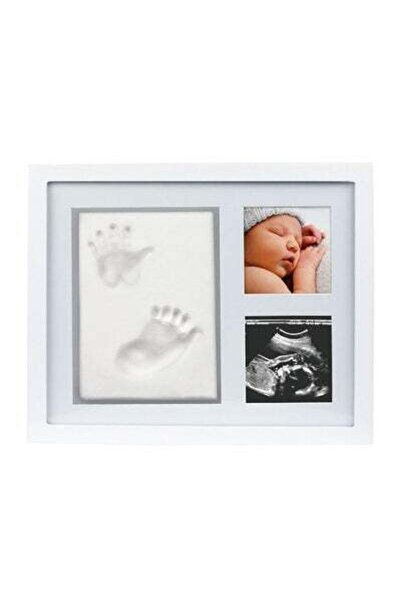 HALAMODO قالب صب بصمة يد وقدم الطفل التذكارية مع إطار صورة مجموعة ذاكرة - أبيض