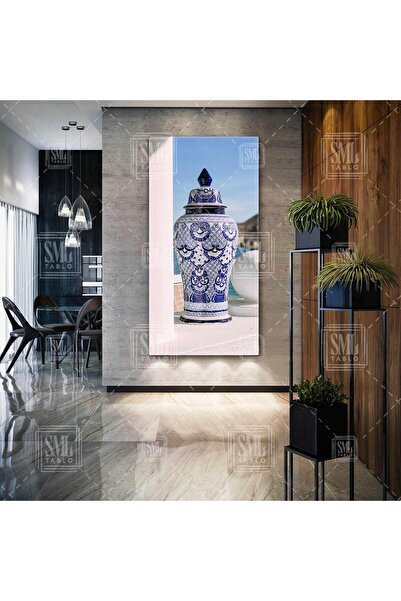 SML TABLO Mavi Çini Desenli Vazo Bodrum Evi Boyuna Dikey Kanvas Tablo