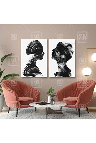 SML TABLO Fırça İzi Kadın ve Erkek Silüeti Siyah Mürekkep İkili Kombin 2 li S...