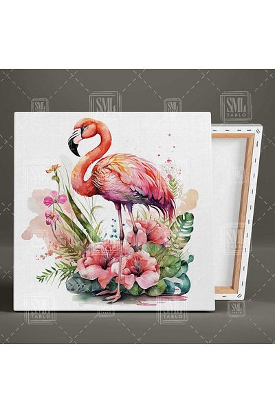 SML TABLO Τροπικά λουλούδια μέσα σε Flamingo Watercolor Effect Τετράγωνος πίνακας σε καμβά