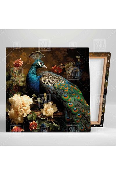 SML TABLO Διακοσμητικός τετράγωνος καμβάς Blue Peacock Noble White Roses