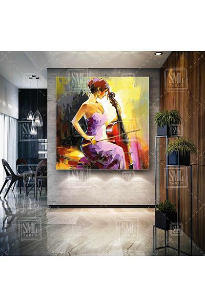 SML TABLO Violoncelist Muzician în rochie violetă Pictură pe pânză pătrată