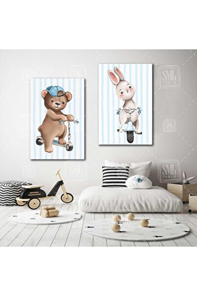 SML TABLO Bisikletli Tavşan Yavrusu Scooterlı Şapkalı Ayı Tren Çocuk Odası İk...