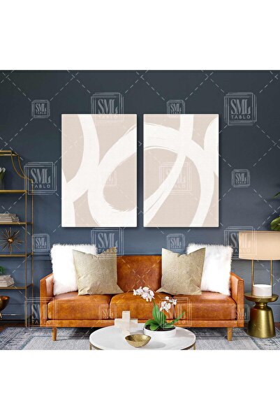 SML TABLO Bej Beyaz Modern Soyut Dekoratif İkili Kombin 2 li Set Kanvas Tablo