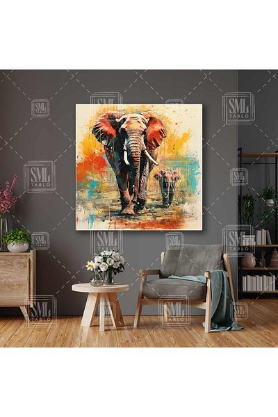 SML TABLO Pictură pe pânză pătrată cu elefant drăguț care merge împreună cu mama