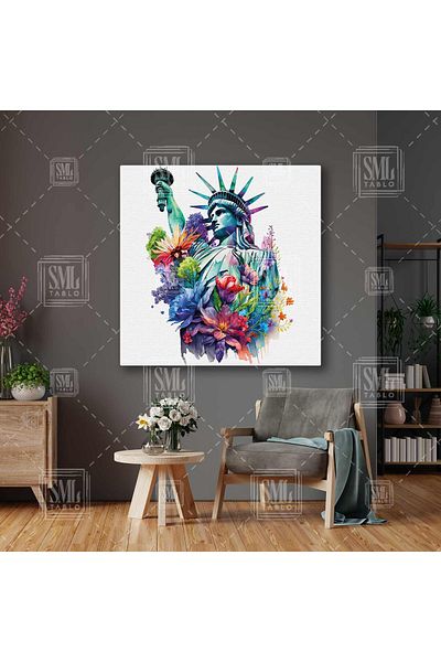 SML TABLO Pictură pe pânză pătrată cu flori în jurul Statuii Libertății din New York