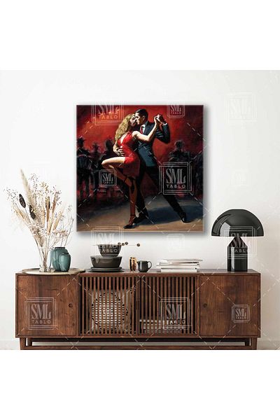 SML TABLO Σχολείο χορού Tango Dancing Couple Χορεύτρια με κόκκινο φόρεμα Love Square Πίνακας σε καμβά
