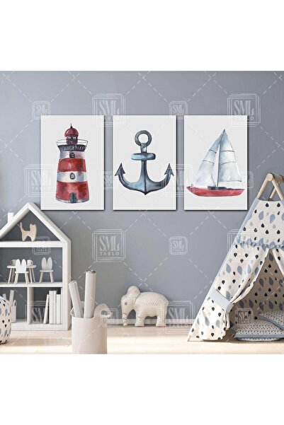 SML TABLO Kırmızı Deniz Feneri Yelkenli Gemi Çapası Çocuk Odası Dekor Üçlü Kombin 3 lü Set Kanvas Tablo