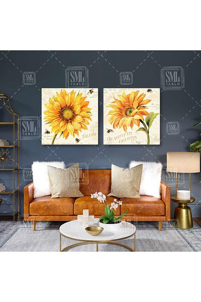 SML TABLO Sunflower Sunflower Large Flower Bees Vintage Διακοσμητικό Διπλό Συνδυασμός 2 τεμαχίων ζωγραφική σε καμβά