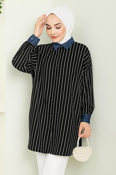 TRENDTESETTÜR Women's Black Cotton Striped Tunic t 3064