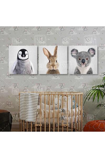 SML TABLO Cute Penguin Rabbit and Koala Παιδικό Δωμάτιο Τριπλό Σετ Τριπλό Σετ ζωγραφικής σε καμβά