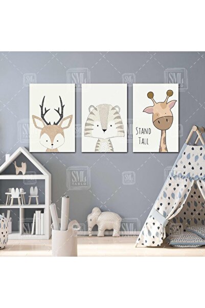 SML TABLO Yavru Zürafa Rakun Yavru Siyah Boynuzlu Geyik Çocuk Odası Dekor Üçl...