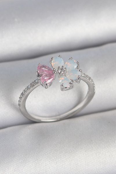 BESKAR Brass Silver Color White Enamel Pink Zircon Stone Flower Model Women's Ring