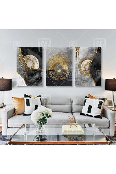 SML TABLO Gold Detaylı Mermer Ağaç Yaş Halkası Çizgileri Ahşap Detaylı Lüks D...