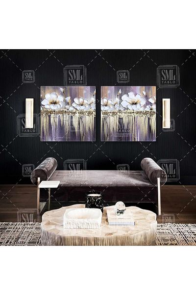 SML TABLO Imprimeuri de perie cu flori mari, aurii, aurii, combinație dublă, set de 2 picturi pe pânză