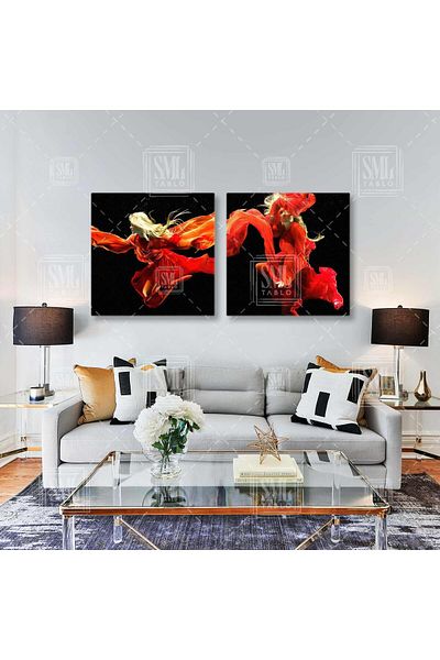 SML TABLO Cuplu de femei cu rochie roșie sub apă, combinație dublă, set de 2 picturi pe pânză