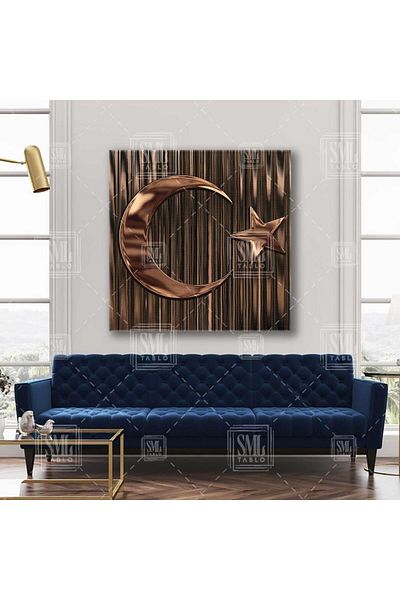 SML TABLO Bronz Metallic Look Moon Star Drapelul turcesc Pictură pătrată pe pânză