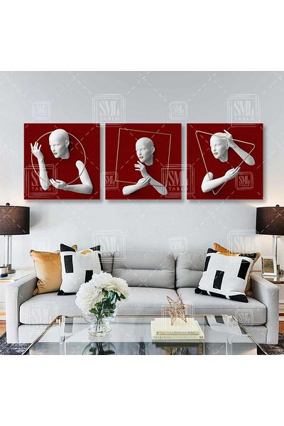SML TABLO Cadru triunghi auriu Fundal burgundă Combinație triplă decorativă Set de 3 tablouri pe pânză