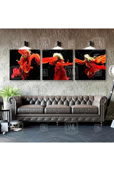 SML TABLO Set de 3 picturi pe pânză pentru femei cu rochie roșie sub apă
