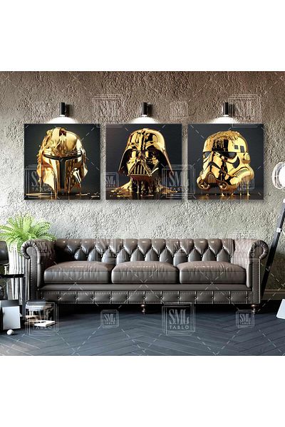 SML TABLO Personaje de film legendar Mască Jedi de aur Mască lichidă de aur Combinație triplă Set de 3 Pictură pe pânză