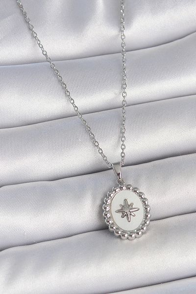 Clariss 316L Steel Silver Color Chain White Enamel Pole Star Embroidered Medallion Model Women's Necklace