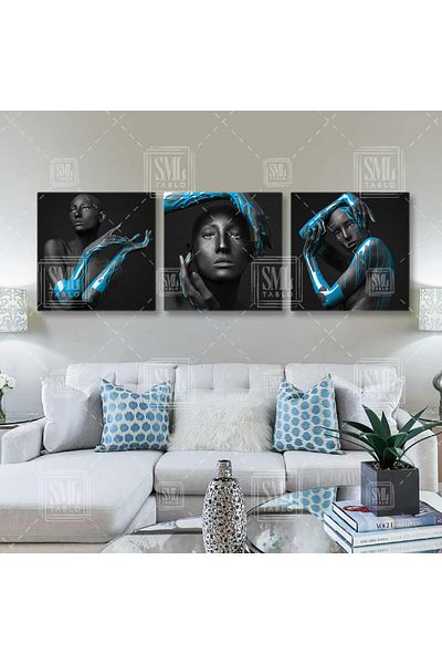 SML TABLO Vopsele albastre de la Elinden Model curgător Cyan Decor Combinație triplă Set de 3 picturi pe pânză