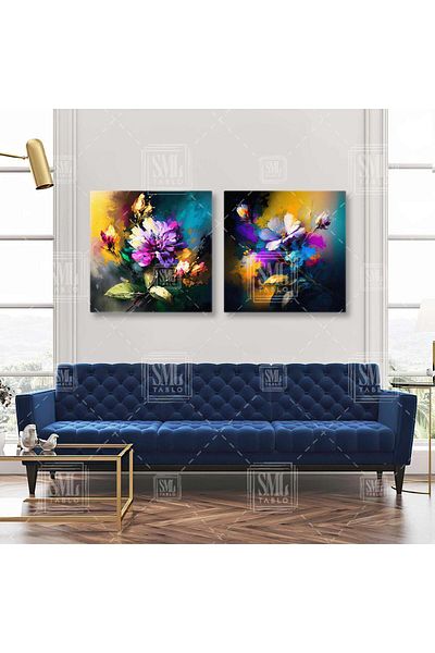 SML TABLO Pachet de flori colorate Semne de pensula Natură Decorativă Combinație dublă 2 Pictură pe pânză