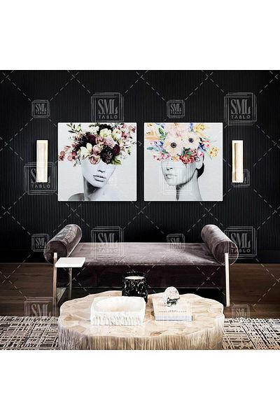 SML TABLO Decor pentru femei cu aranjament de flori violet și roz la început Combinație dublă de 2 tablouri pe pânză