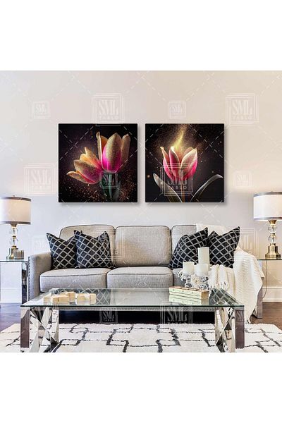 SML TABLO Pink Tulip Gold Detailed Gold Glitters Luxury Διακοσμητικό Διπλό Συνδυασμός 2 τεμαχίων ζωγραφική σε καμβά