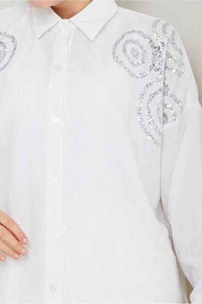 TRENDTESETTÜR Women's Cream Cotton Sequined Tunic t 5467