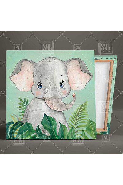 SML TABLO Cute Zebra Giraffe Elephant Plants Green Background Παιδικό Δωμάτιο Τριπλό Συνδυασμός 3 τεμαχίων ζωγραφική σε καμβά