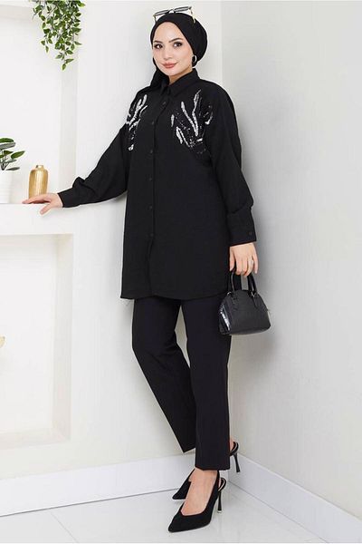 TRENDTESETTÜR Women's Black Sequin Sequin Detail Tunic t 2289