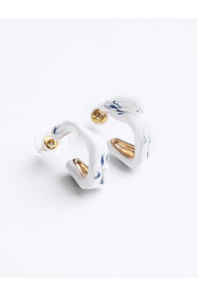Jimmy Key White Oval Patterned Elegant Hoop Earrings