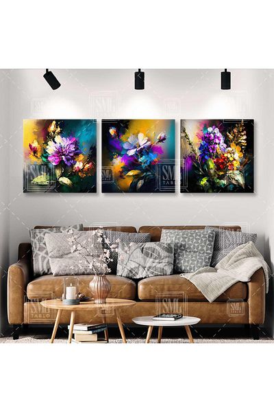 SML TABLO Flower Bouquet Brush Traces Nature Flori decorative Combinație triplă Set de 3 Pictură pe pânză