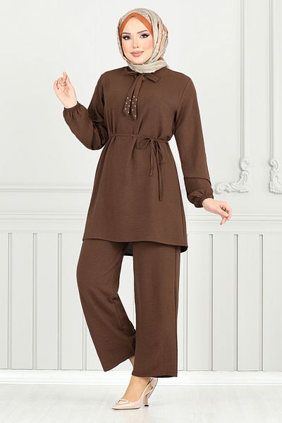 ModaMerve İnci Detail Hijab Σετ 329HBS932-M Καφέ