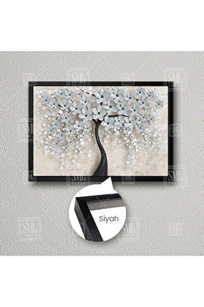 SML TABLO İnci Çiçekli Ağaç Dekoratif Modern Çerçeveli Yatay Kanvas Tablo