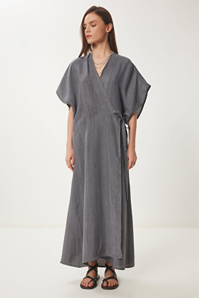 Lovelyİstanbul Rochie midi de vară cu guler dublu afumat LWF0028