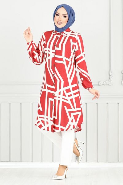 ModaMerve Shirt Collar Viscose Tunic 2354Bgs895-M Red&Ecru