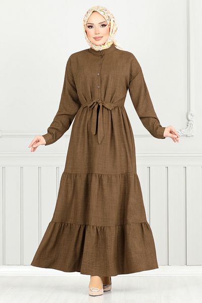 ModaMerve Tie Waist Dress 16162Bsk984-M Brown
