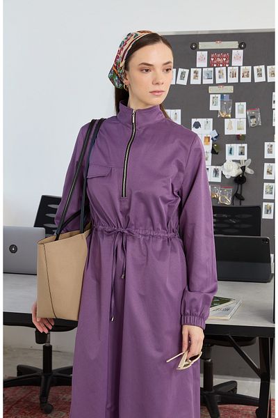 Fatma Atasoy Zippered Waist Gathered Purple Dress