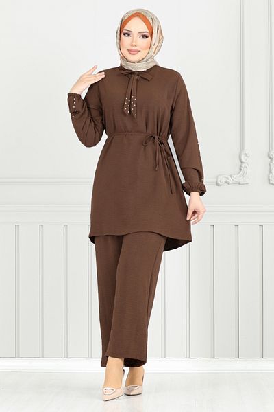 ModaMerve İnci Detail Hijab Σετ 329HBS932-M Καφέ
