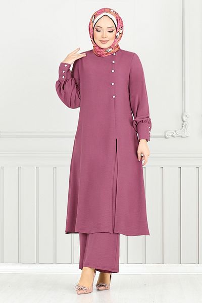 ModaMerve Κοστούμι Hijab με κουμπί αξεσουάρ 2664SL890-M Dark Dusty Rose