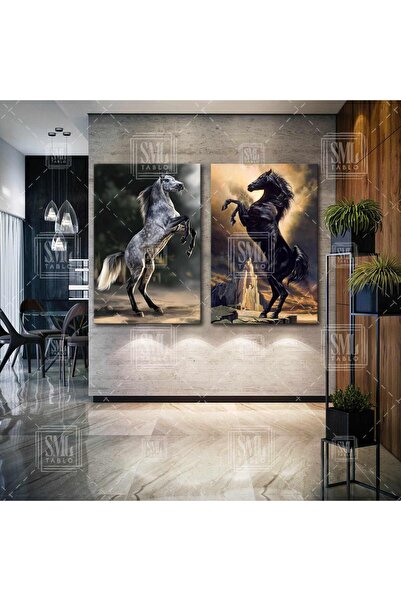 SML TABLO Şaha Kalkmış Beyaz Siyah Atlar Asalet İkili Kombin 2 li Set Kanvas ...