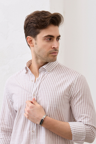 RAVANELLI Men's Shirt Striped Cotton Linen Modern Slim Fit Shirt