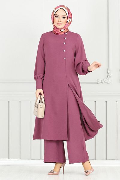 ModaMerve Κοστούμι Hijab με κουμπί αξεσουάρ 2664SL890-M Dark Dusty Rose