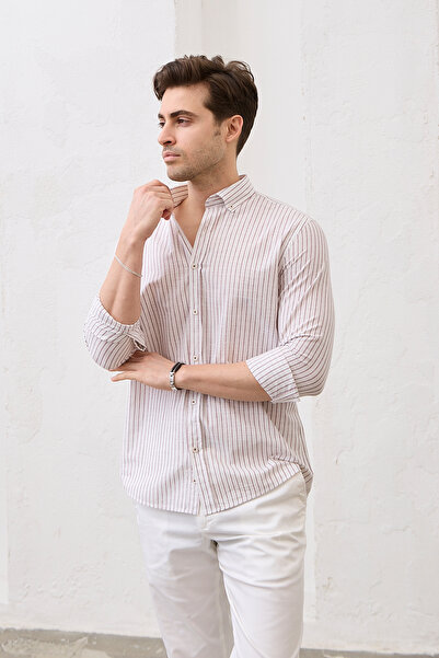 RAVANELLI Men's Shirt Striped Cotton Linen Modern Slim Fit Shirt