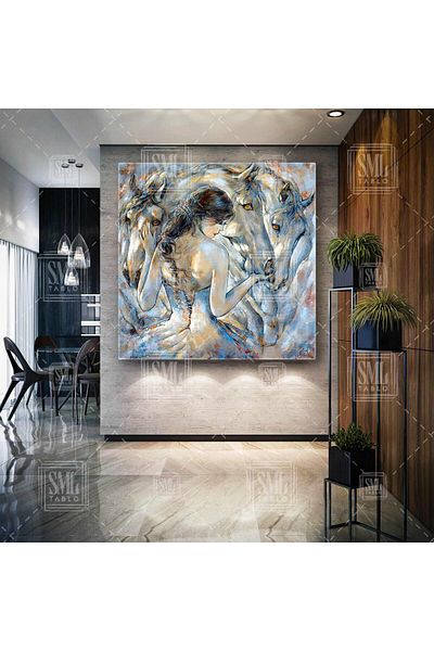 SML TABLO Femeie în rochie albă care iubește caii Brush Stains Square Canvas Painting