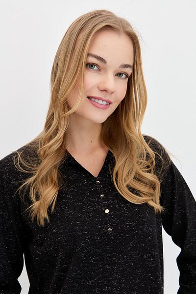 Desen Triko Bluză de bază Angelina cu gât polo pentru femei, neagră